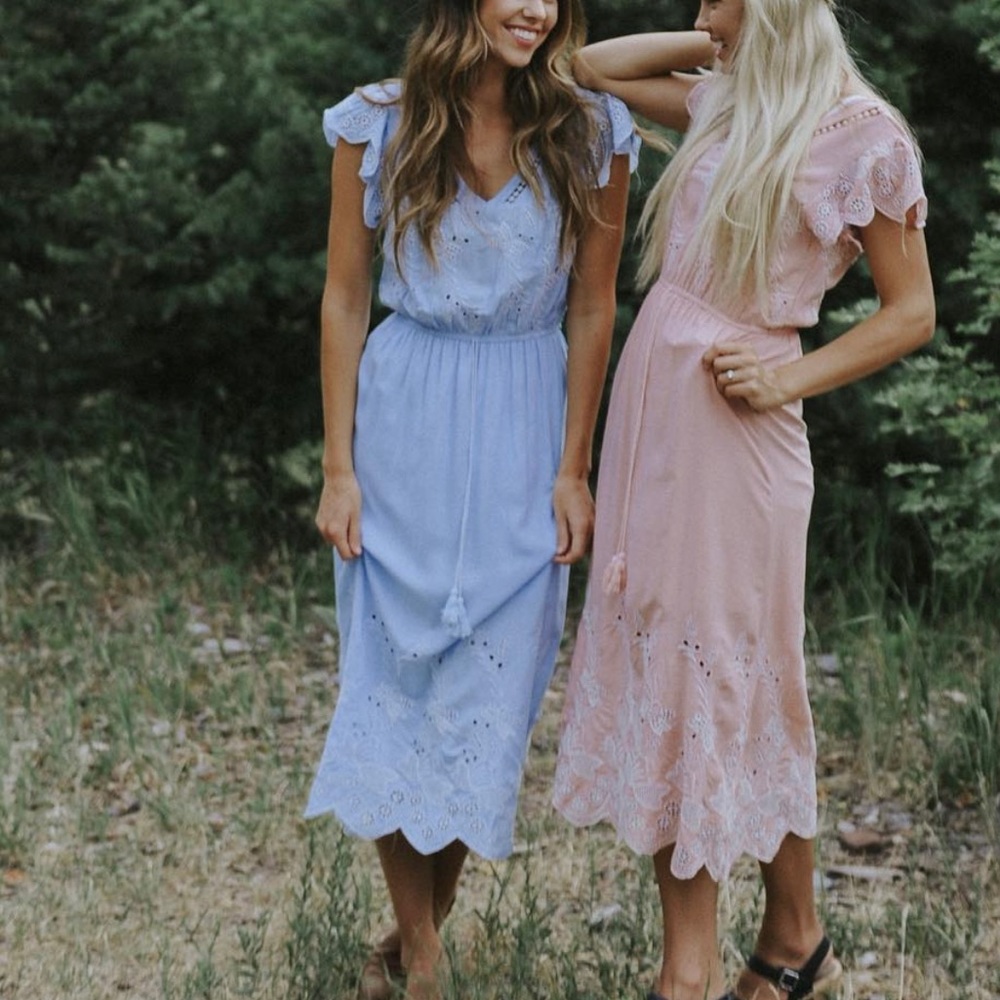 Blue flutter sleeve Dress with white embroidery